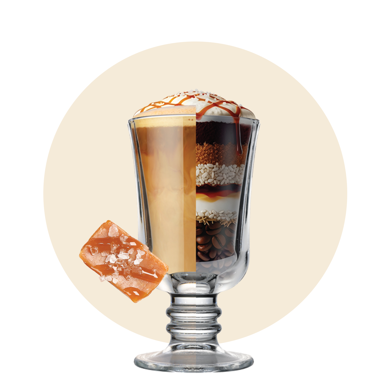 A layered dessert in a glass shows coffee, cream, caramel sauce, chocolate, and coffee beans, with a piece of salted caramel toffee placed beside the glass. The background is a soft beige circle.