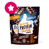A pouch of All In One Protein Shake Powder in chocolate flavor, featuring images of chocolate pieces, nutritional information, and a prominent thumbs-up graphic; a pink star icon is in the top left corner.