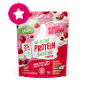 A pink pouch of Bulk’s All in One Protein Shake powder, strawberry flavor, with images of strawberries and green accents on the packaging. A pink star icon appears in the top left corner.