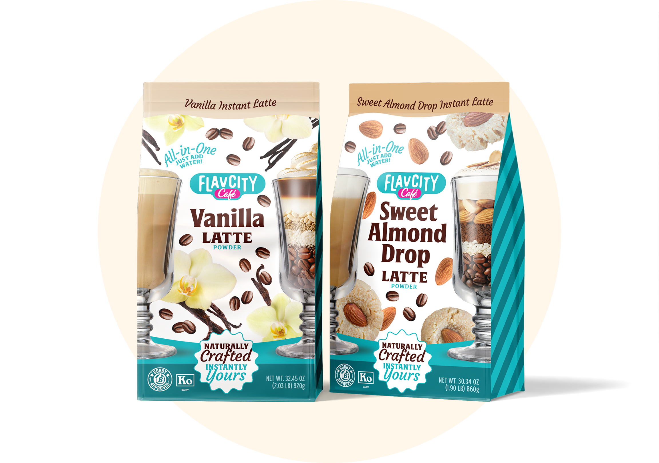 Two cartons of FlavCity Café instant latte mix are shown: one Vanilla Latte flavor and one Sweet Almond Drop flavor. Both boxes display images of the lattes, coffee beans, and key ingredients on the front.