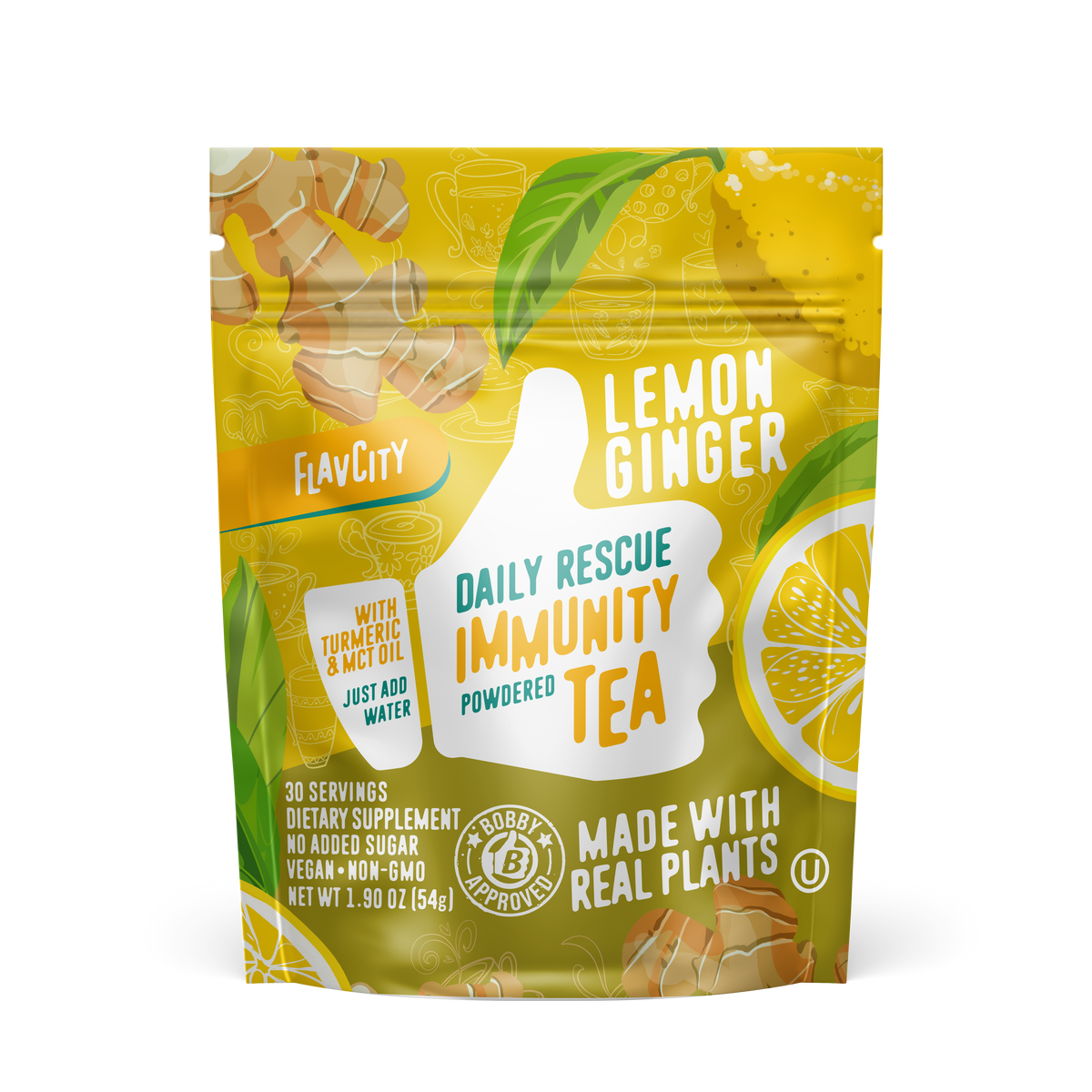 FlavCity Daily Rescue Immunity Tea powder packet in Lemon Ginger flavor, featuring turmeric and MCT oil, 30 servings of vegan and non-GMO dietary supplement with no added sugar, packaged in a yellow resealable pouch with green leaf accents and lemon slice graphics