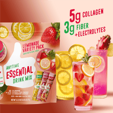 Shop FlavCity’s Lemonade Anytime Essential Variety Pack features three colorful, sugar-free collagen lemonade mixes with 5g collagen, 3g fiber, and electrolytes for hydration. The pink background highlights the vibrant, fruit-garnished drinks.