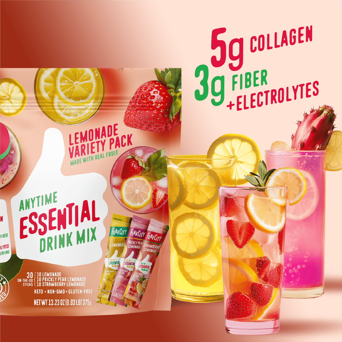 Shop FlavCity’s Lemonade Anytime Essential Variety Pack features three colorful, sugar-free collagen lemonade mixes with 5g collagen, 3g fiber, and electrolytes for hydration. The pink background highlights the vibrant, fruit-garnished drinks.
