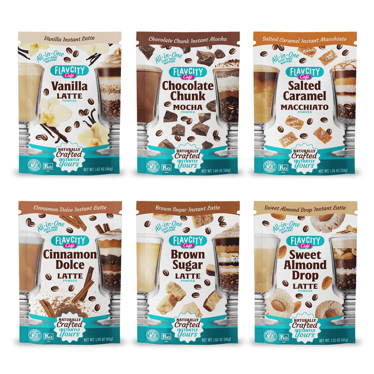 Six single-serve packets from the FlavCity Cafe Latte Variety Pack are shown: Vanilla, Chocolate Chunk Mocha, Salted Caramel Macchiato, Cinnamon Dolce, Brown Sugar Instant, and Sweet Almond Drop lattes.