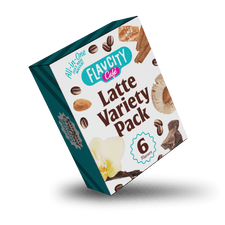 A tilted box of FlavCity Cafe Latte Variety Pack features six latte flavors, with images of coffee beans, cinnamon, almond, cookie, vanilla flower, and chocolate on the packaging against a white background.