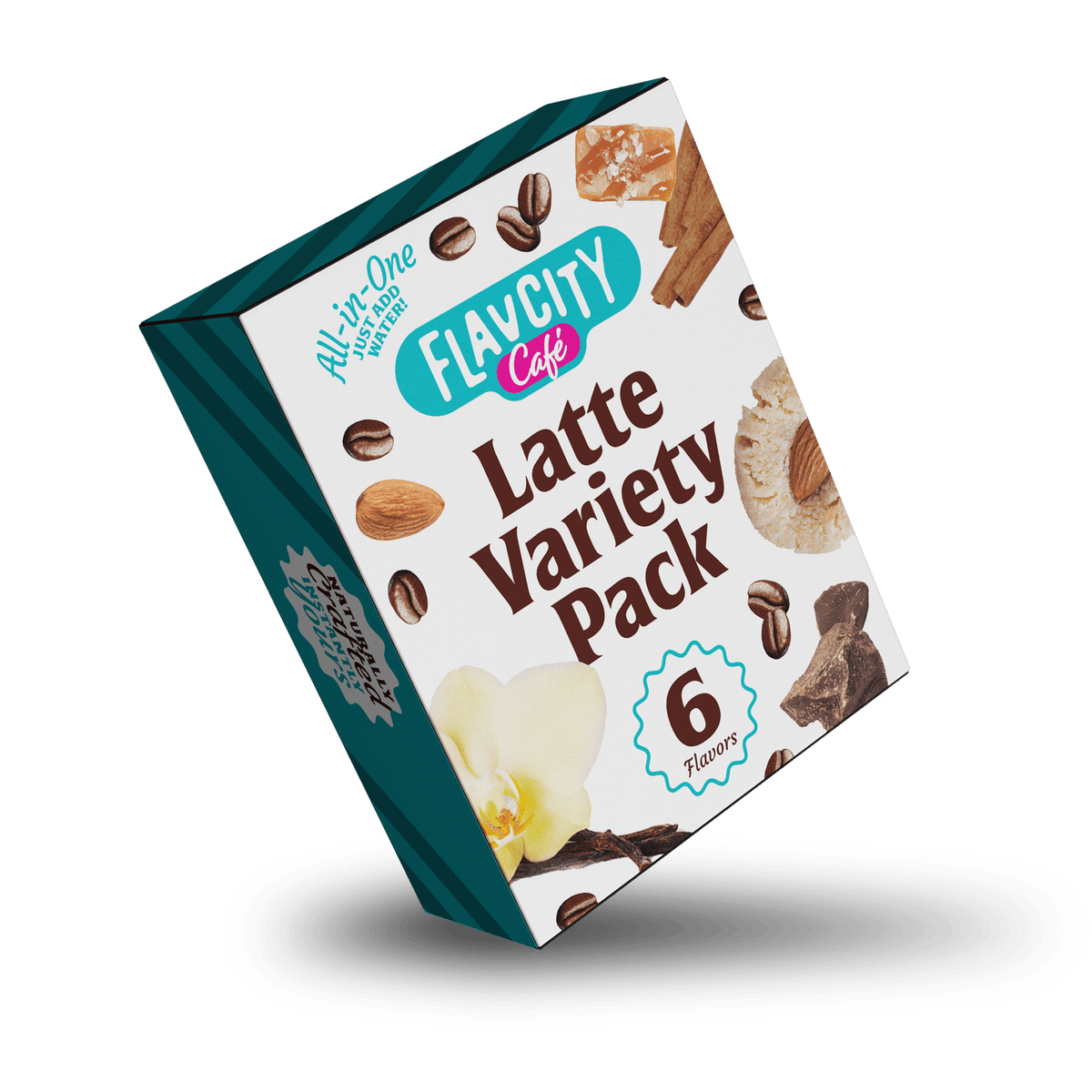 A tilted box of FlavCity Cafe Latte Variety Pack features six latte flavors, with images of coffee beans, cinnamon, almond, cookie, vanilla flower, and chocolate on the packaging against a white background.