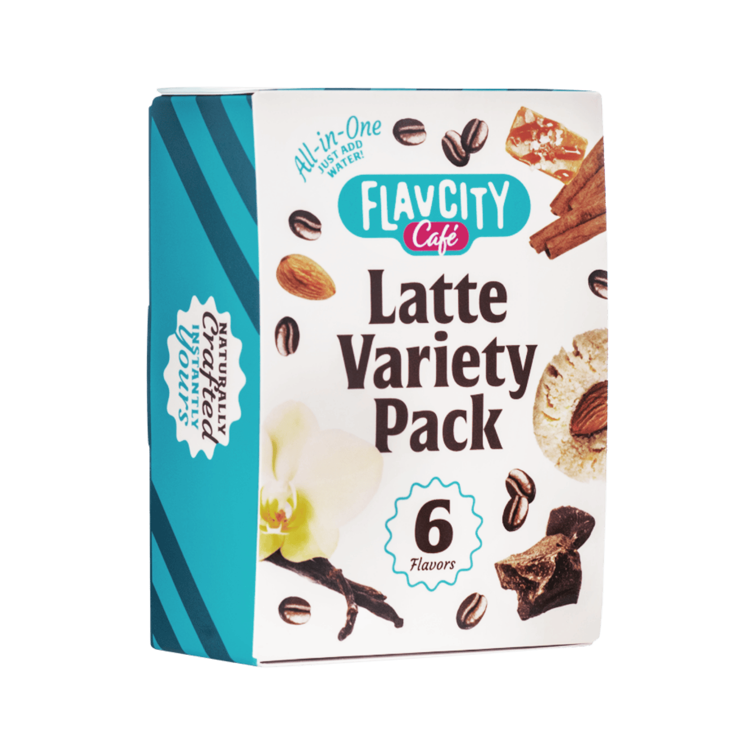 The FlavCity Cafe Latte Variety Pack features 6 delicious single-serve lattes in a turquoise and white box with images of coffee beans, vanilla, chocolate, cinnamon, and a cookie—perfect for enjoying your favorite flavors on the go.