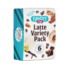 The FlavCity Cafe Latte Variety Pack features 6 delicious single-serve lattes in a turquoise and white box with images of coffee beans, vanilla, chocolate, cinnamon, and a cookie—perfect for enjoying your favorite flavors on the go.