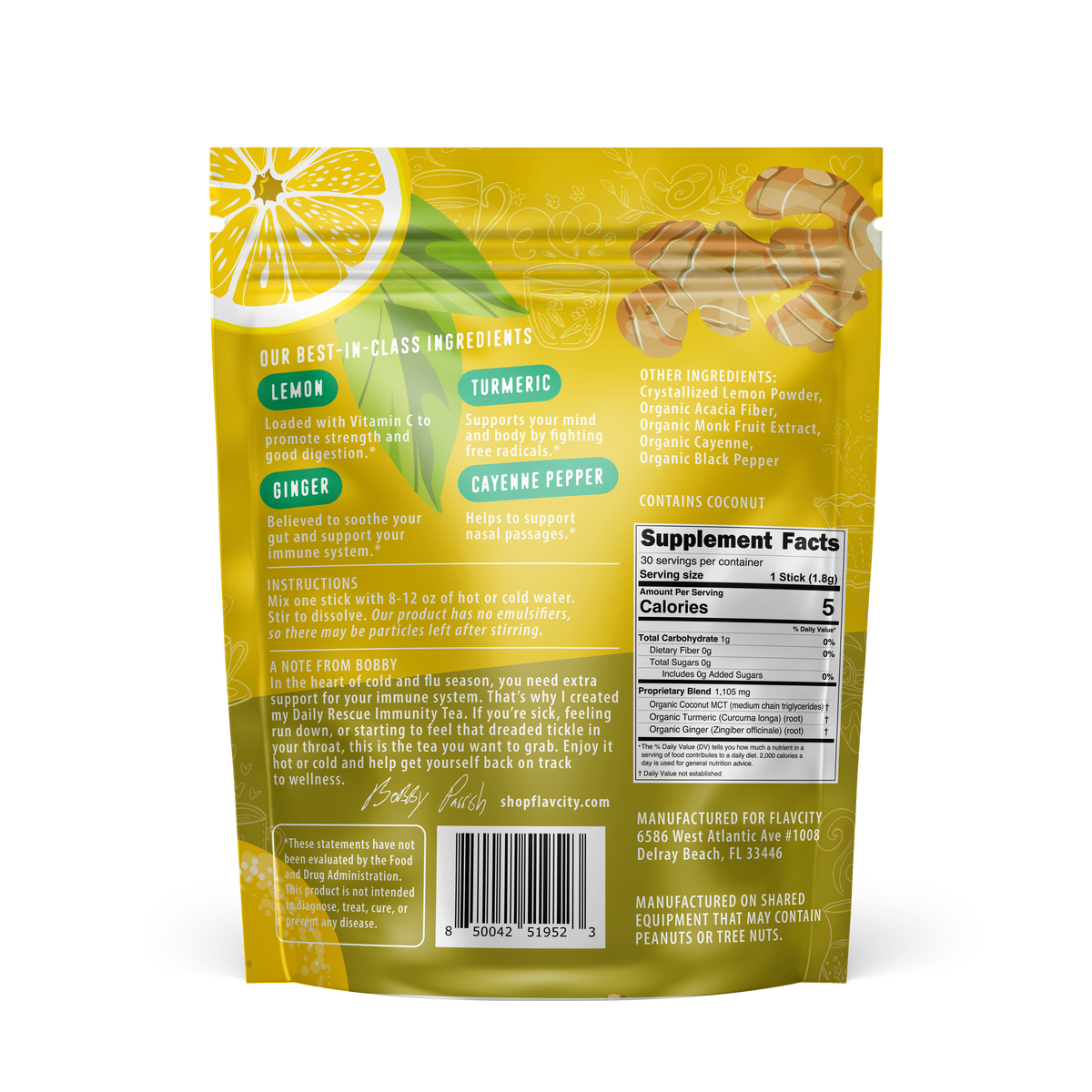 back of the flavcity daily rescue immunity powdered tea stick bag. lemon and ginger images.