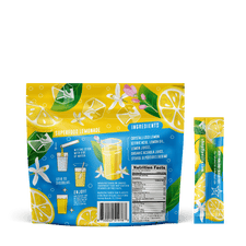 Back of Flavcity Superfood Lemonade package with lemon and flower graphics on a white background
