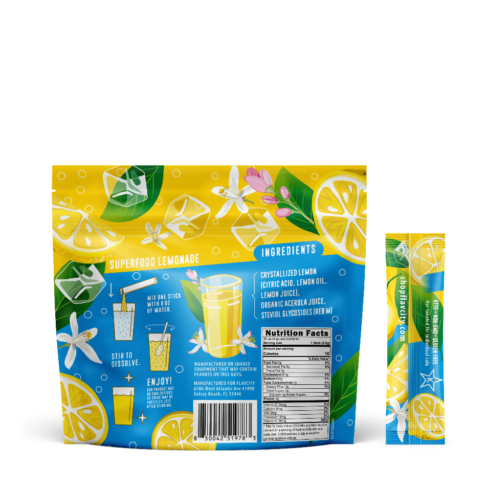 Back of Flavcity Superfood Lemonade package with lemon and flower graphics on a white background