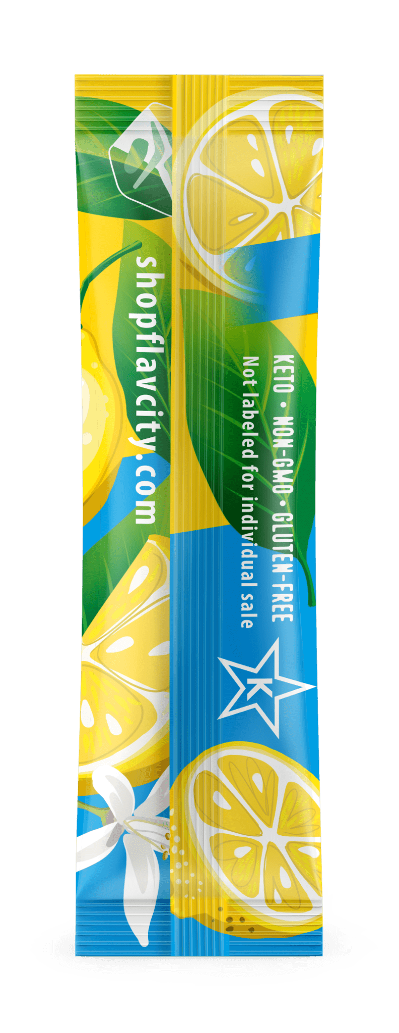 Flavor packet with lemon design and 'shopflavacity.com' text on a white background