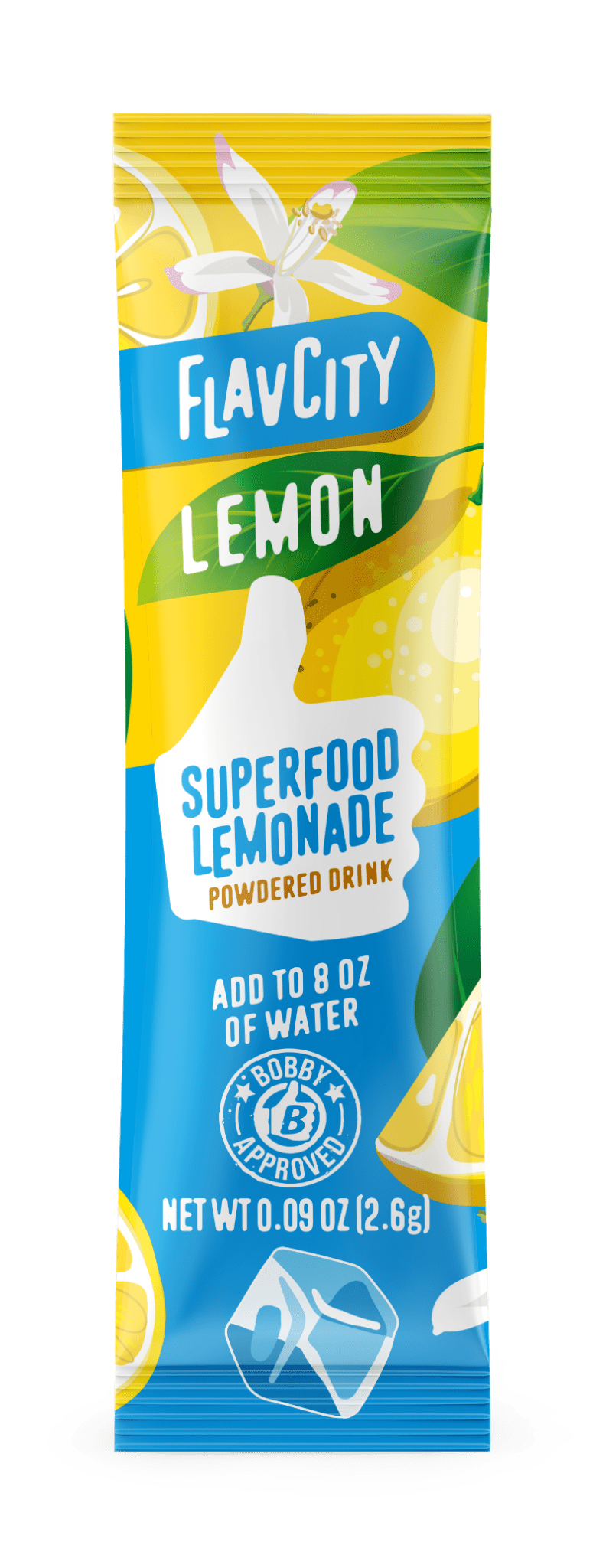 FlavCity Lemon Superfood Lemonade powder packet on a white background