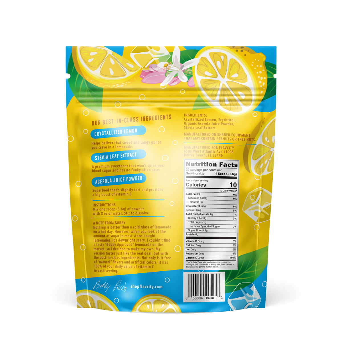 Back view of the 'Superfood Lemonade' flavored powdered drink mix, showing the nutritional facts, ingredients, and product information on the yellow packaging.