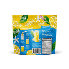 back of a flavcity superfood Lemonade package with lemon and flower graphics on a white background