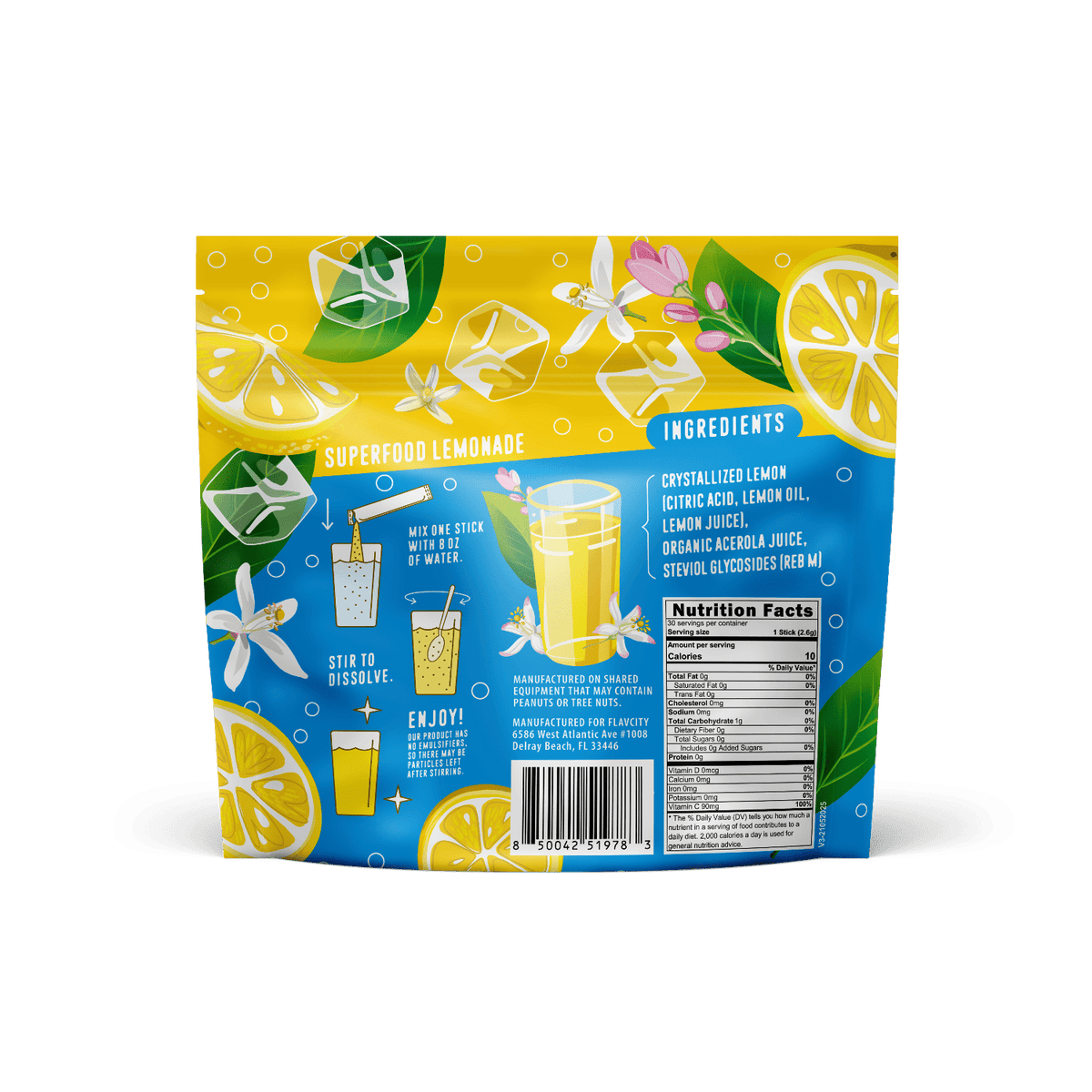back of a flavcity superfood Lemonade package with lemon and flower graphics on a white background