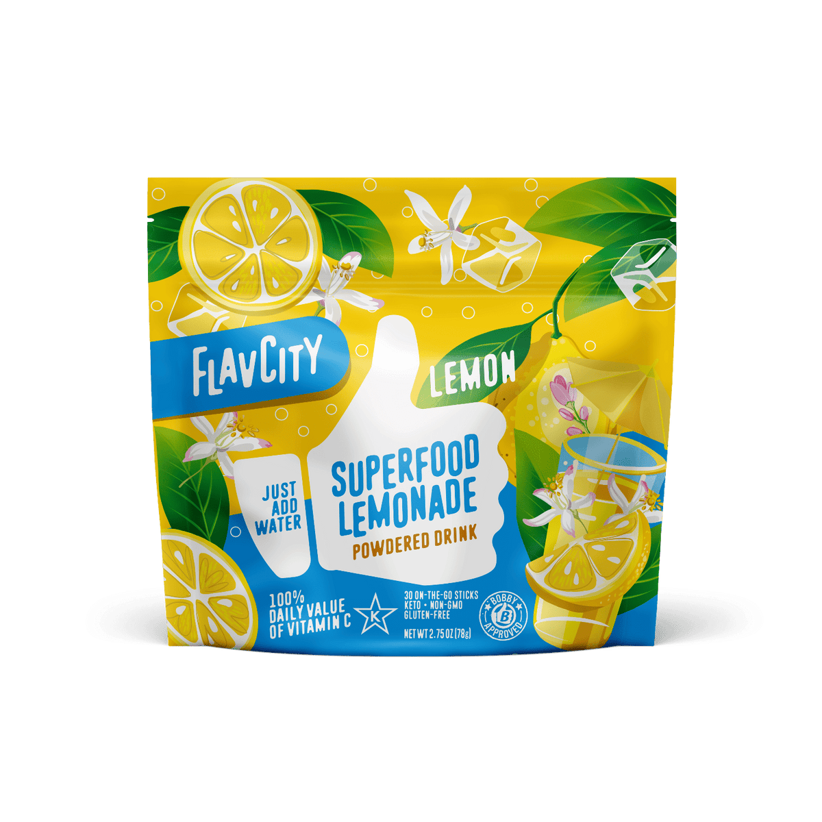 FlavCity Superfood Lemonade powder drink package on a white background