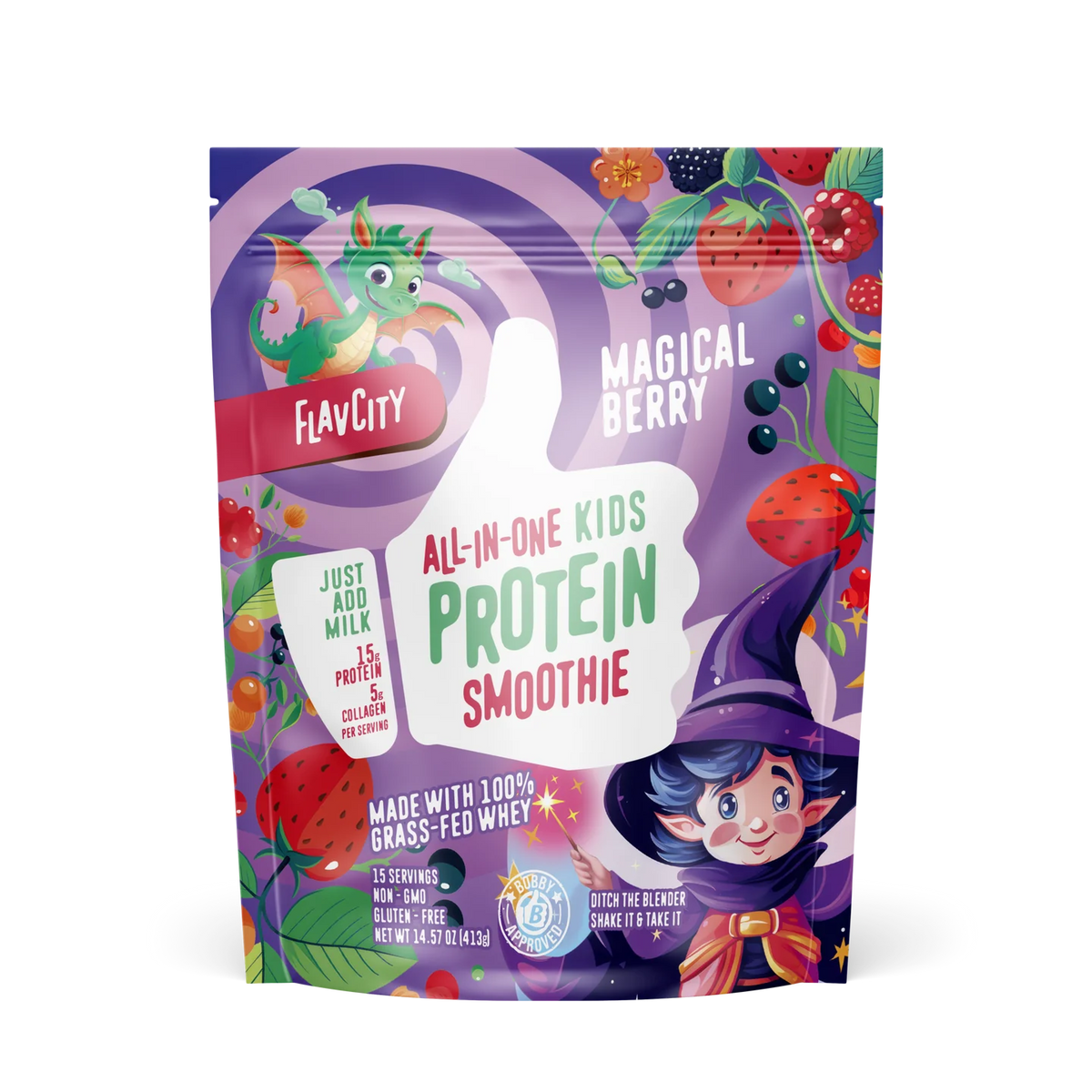 Front of the Magical Berry Kids Protein Smoothie bag featuring colorful design and ingredients.