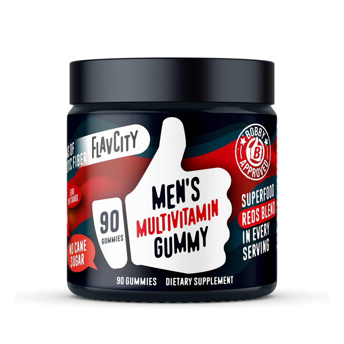 A container of 90 'Men's Multivitamin Gummy' supplement, featuring a black and red label design with essential vitamins and nutrients for men's health.