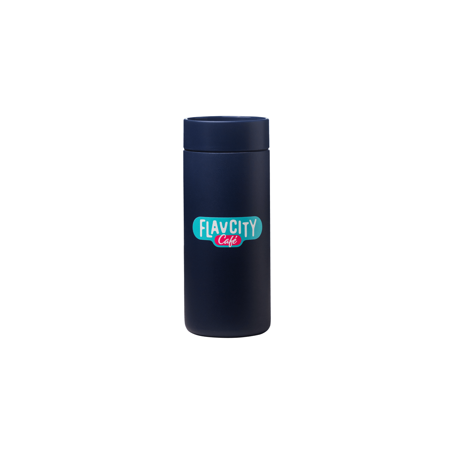 The FlavCity Cafe Hot Tumbler is a Navy blue stainless steel tumbler with a lid, featuring the FlavCity Cafe logo in blue, white, and pink on the front, shown against a plain white background.