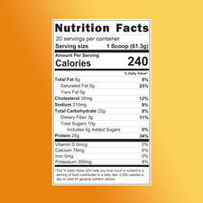 Nutrition facts label for a pumpkin spice latte protein powder: 1 scoop serving, 240 calories, 25g protein, 22g carbs, 6g fat, 20 servings per container.