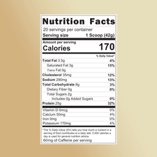 Nutrition Facts label for a protein powder: 1 scoop (42g) per serving, 170 calories, 25g protein, 3.5g fat, 8g carbs, 2g sugar, 60mg caffeine, 20 servings.