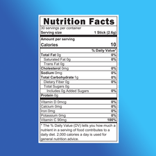 Nutrition Facts label for Lemonade Lemon flavor, displaying serving size of 1 stick (2.6g), 10 calories per serving, 0g fat, 0mg cholesterol, 0mg sodium, 1g carbohydrate, 0g protein, and 90mg vitamin C per serving