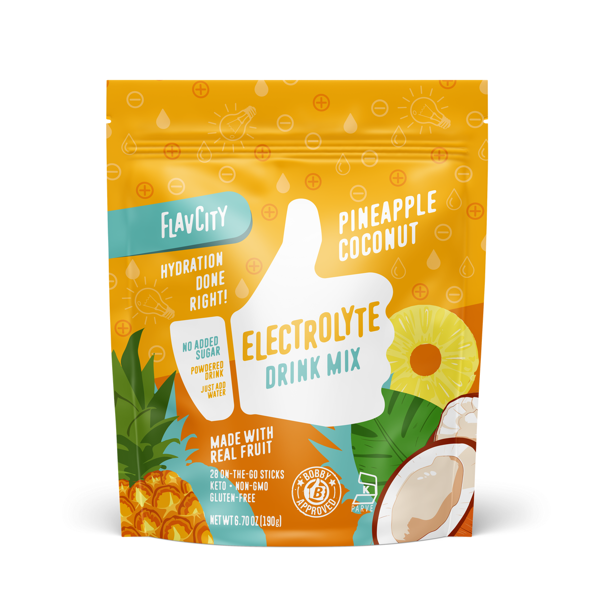 FlavCity Pineapple Coconut Electrolyte Drink Mix in a resealable yellow and orange bag. The design features a white thumb-up graphic and text promoting 'Hydration done right,' 'No added sugar,' 'Made with real fruit,' and 'Bobby Approved,' with illustrations of pineapple slices, coconut halves, and tropical leaves.