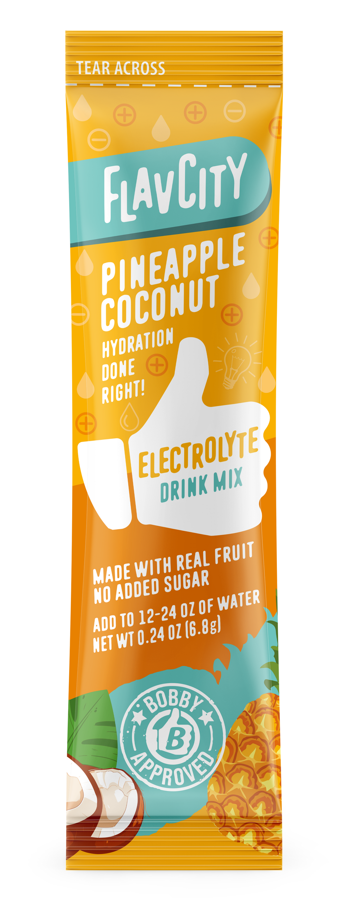 FlavCity Pineapple Coconut Electrolyte Drink Mix stick pack with a yellow and orange design. The packaging features a white thumb-up graphic and text promoting 'Hydration done right,' 'Made with real fruit,' 'No added sugar,' and 'Bobby Approved,' with illustrations of coconut halves, pineapple slices, and tropical leaves.