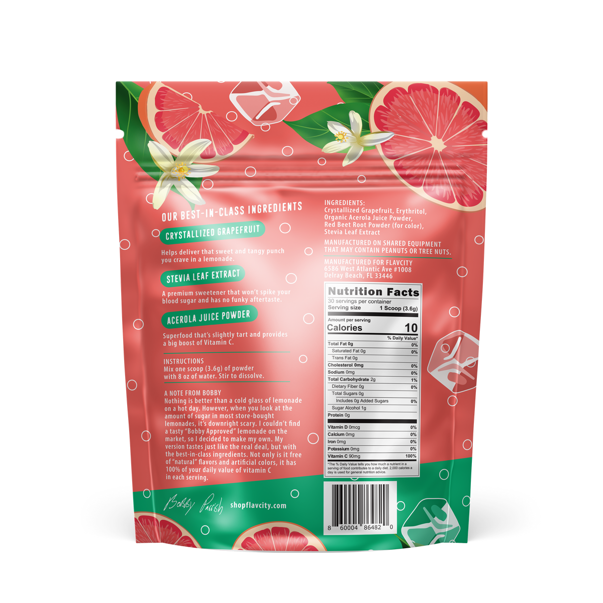 The back of a bag of 'Pink Grapefruit Superfood Lemonade' flavored drink mix, with a vibrant design that showcases fresh grapefruit and lemon flower imagery.