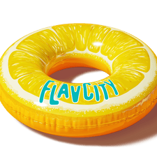 Yellow inflatable pool float shaped like a lemon slice with “FLAVCITY” in blue letters, casting a shadow on a white background. Fun summer swim accessory.