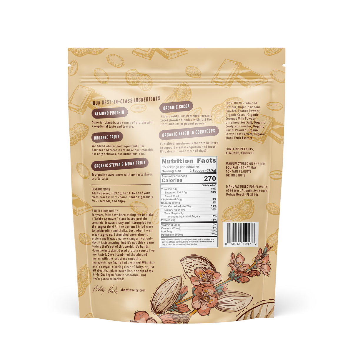 Back view of the 'Plant-Based Chocolate Peanut Butter Protein Smoothie' bag, displaying the product description, ingredients, and other information.