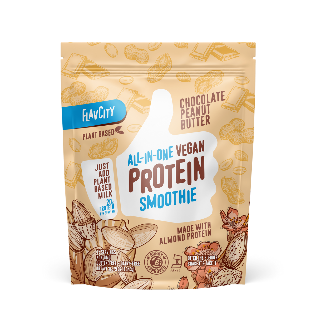 FlavCity Chocolate Peanut Butter All-in-One Vegan Protein Smoothie mix in a resealable beige bag. The design features a white thumb-up graphic and text promoting 'Just add plant-based milk,' '20g protein per serving,' 'Made with almond protein,' and 'Bobby Approved,' with illustrations of peanuts, chocolate pieces, and almond pods.