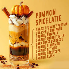 Glass of flavcity pumpkin spice latte topped with whipped cream, coffee beans, cinnamon stick, and a mini pumpkin, with ingredient list on a yellow background.