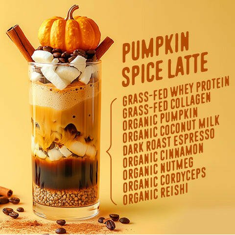 Glass of flavcity pumpkin spice latte topped with whipped cream, coffee beans, cinnamon stick, and a mini pumpkin, with ingredient list on a yellow background.