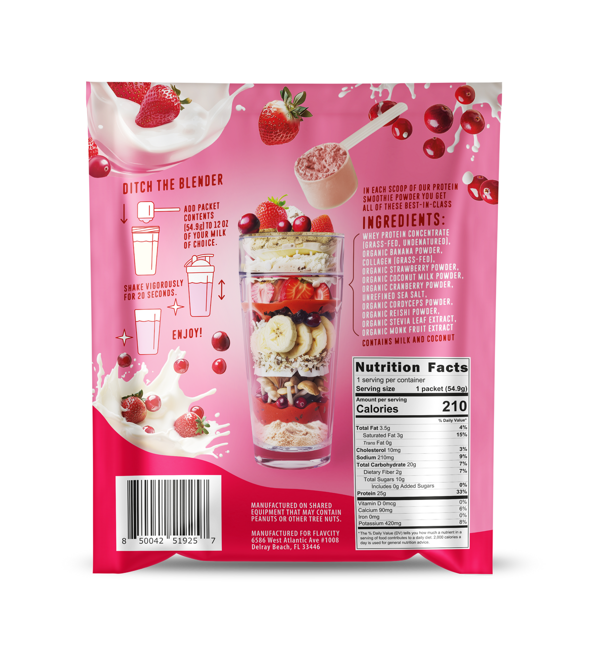 Back panel of FlavCity Berries and Cream protein smoothie powder packet. Features preparation instructions with simple icons showing how to add packet to 12 oz liquid and shake. Lists premium ingredients including grass-fed whey protein, collagen, and organic superfoods. Nutrition facts panel shows 210 calories and 25g protein per serving. Pink background with floating strawberries, cranberries and milk splashes. Manufacturing information and barcode visible at bottom.