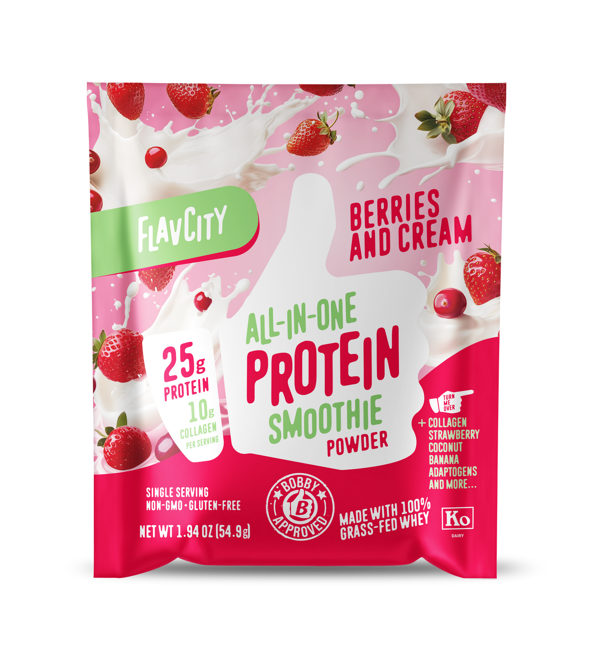 Front panel of FlavCity Berries and Cream all-in-one protein smoothie powder single serving packet. Features bold text highlighting 25g protein and 10g collagen per serving. Pink and white design with fresh strawberries and cream splashes. Product is non-GMO, gluten-free, and made with 100% grass-fed whey. Bobby Approved seal and Kosher dairy certification visible. Net weight 1.94 oz (54.9g).