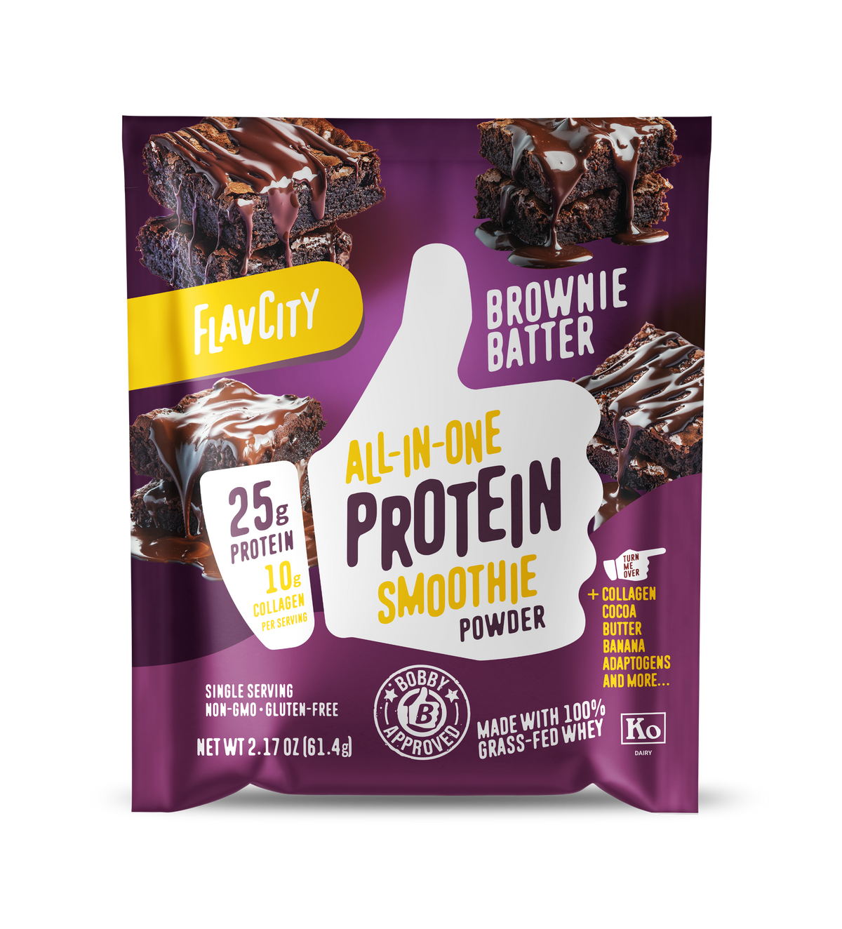 Front panel of FlavCity Brownie Batter all-in-one protein smoothie powder single-serving packet. Features 25g protein, 10g collagen per serving. Non-GMO, gluten-free, grass-fed whey product. Purple packaging with dripping chocolate brownies imagery and Bobby-approved certification seal.