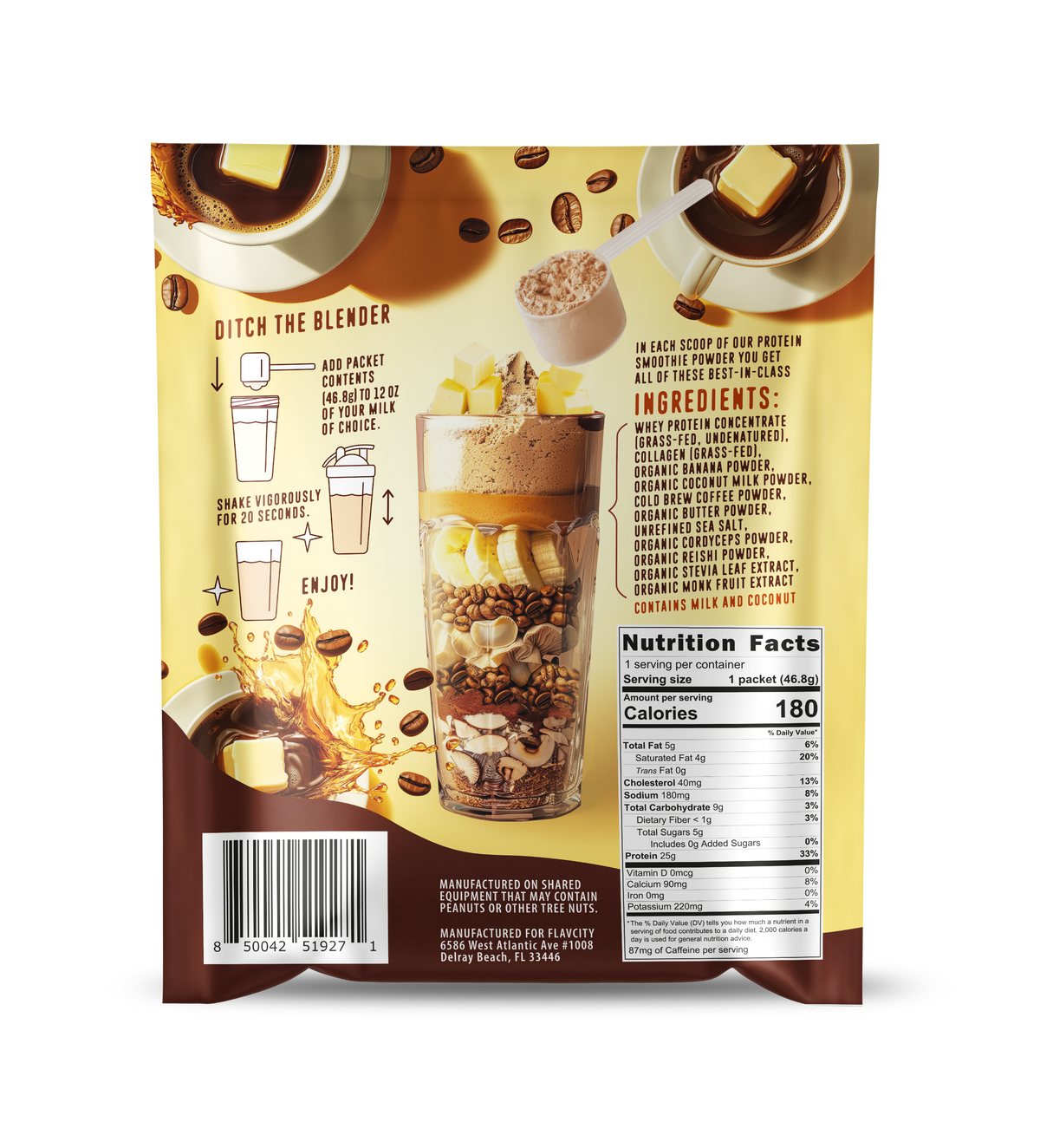 Instructions and nutritional information for FlavCity Butter Coffee Protein Smoothie. Features step-by-step mixing directions, ingredient list highlighting grass-fed whey protein, collagen, and organic ingredients. Shows layered smoothie presentation with coffee beans and banana slices. Nutrition facts panel displays 180 calories per 46.8g serving with 25g protein. Contains allergy warning for milk and coconut