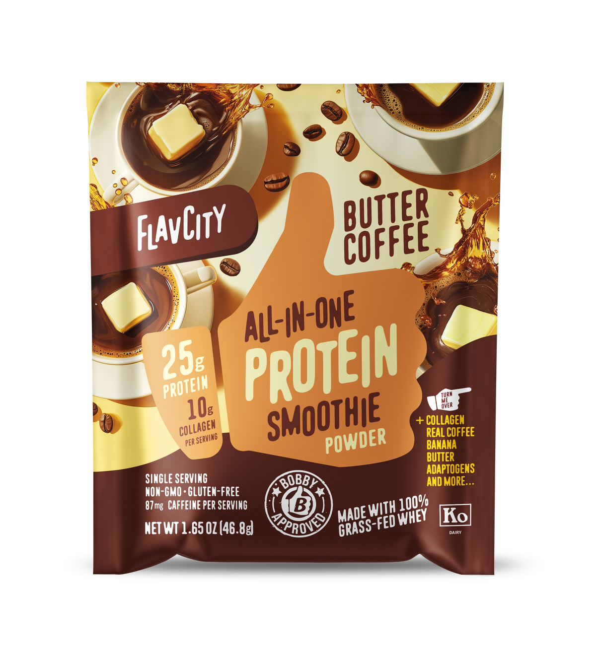 FlavCity Butter Coffee All-in-One Protein Smoothie Powder packet featuring 25g protein and 10g collagen per serving. Non-GMO, gluten-free single serving packet with butter coffee theme. Package displays coffee cups with butter cubes and coffee bean imagery on warm yellow and brown background. Bobby Approved and Kosher certified