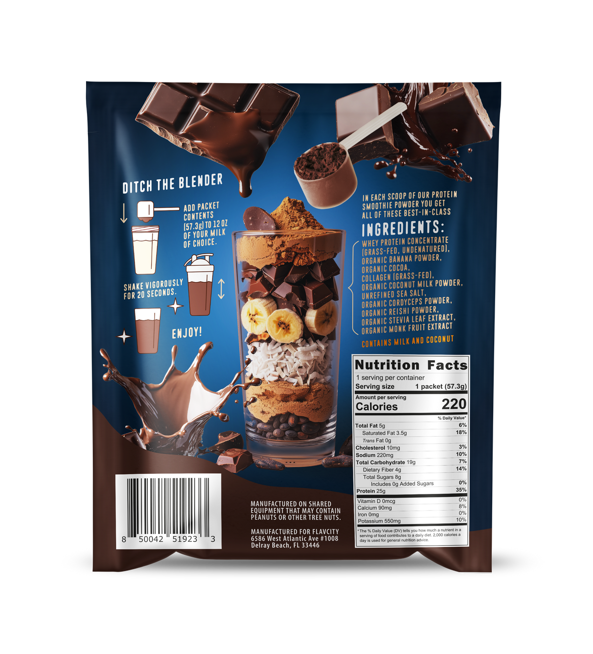 Back panel of FlavCity All-in-One Protein Smoothie powder packet in chocolate flavor. Shows nutrition facts panel displaying 220 calories and 25g protein per serving. Features step-by-step mixing instructions with icons, premium ingredients list including grass-fed whey protein and adaptogens, and a layered smoothie glass illustration with chocolate, banana, and coconut ingredients. Dark blue background with chocolate imagery