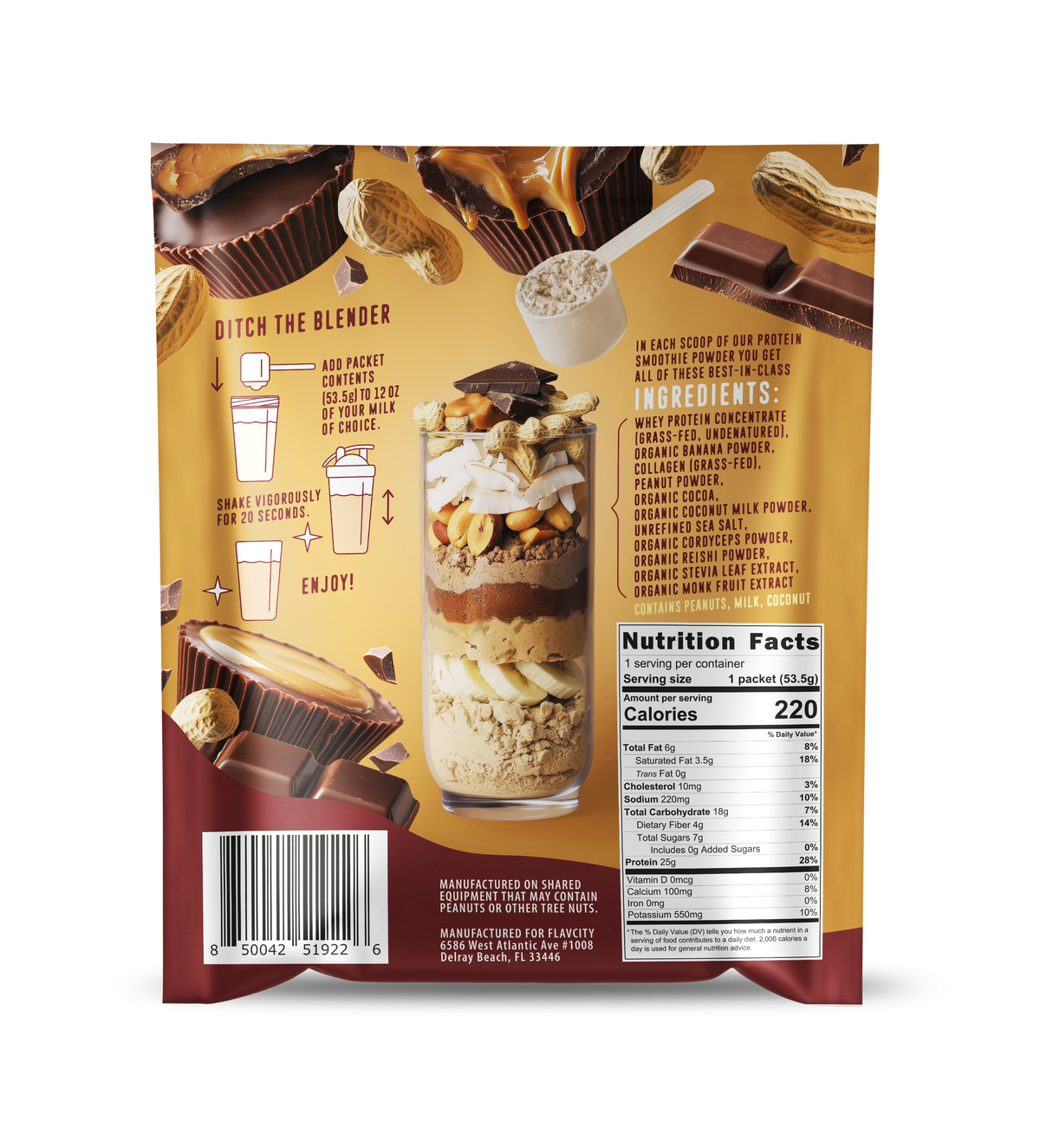 Back panel of FlavCity Chocolate Peanut Butter Protein Smoothie powder packet. Features preparation instructions, nutrition facts panel showing 220 calories and 25g protein per serving, and ingredient list including grass-fed whey protein, collagen, and organic ingredients. Golden background with chocolate peanut butter cup imagery and manufacturing information.