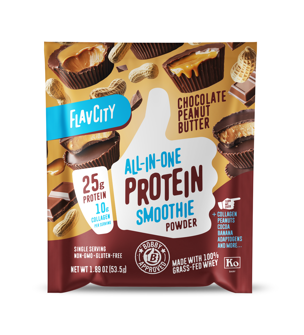 Front panel of FlavCity All-in-One Protein Smoothie powder in Chocolate Peanut Butter flavor. Single-serving packet containing 25g protein and 10g collagen per serving. Non-GMO and gluten-free. Features Bobby-approved seal and grass-fed whey certification. Package design includes chocolate peanut butter cups, peanuts, and chocolate squares on golden background with burgundy base.