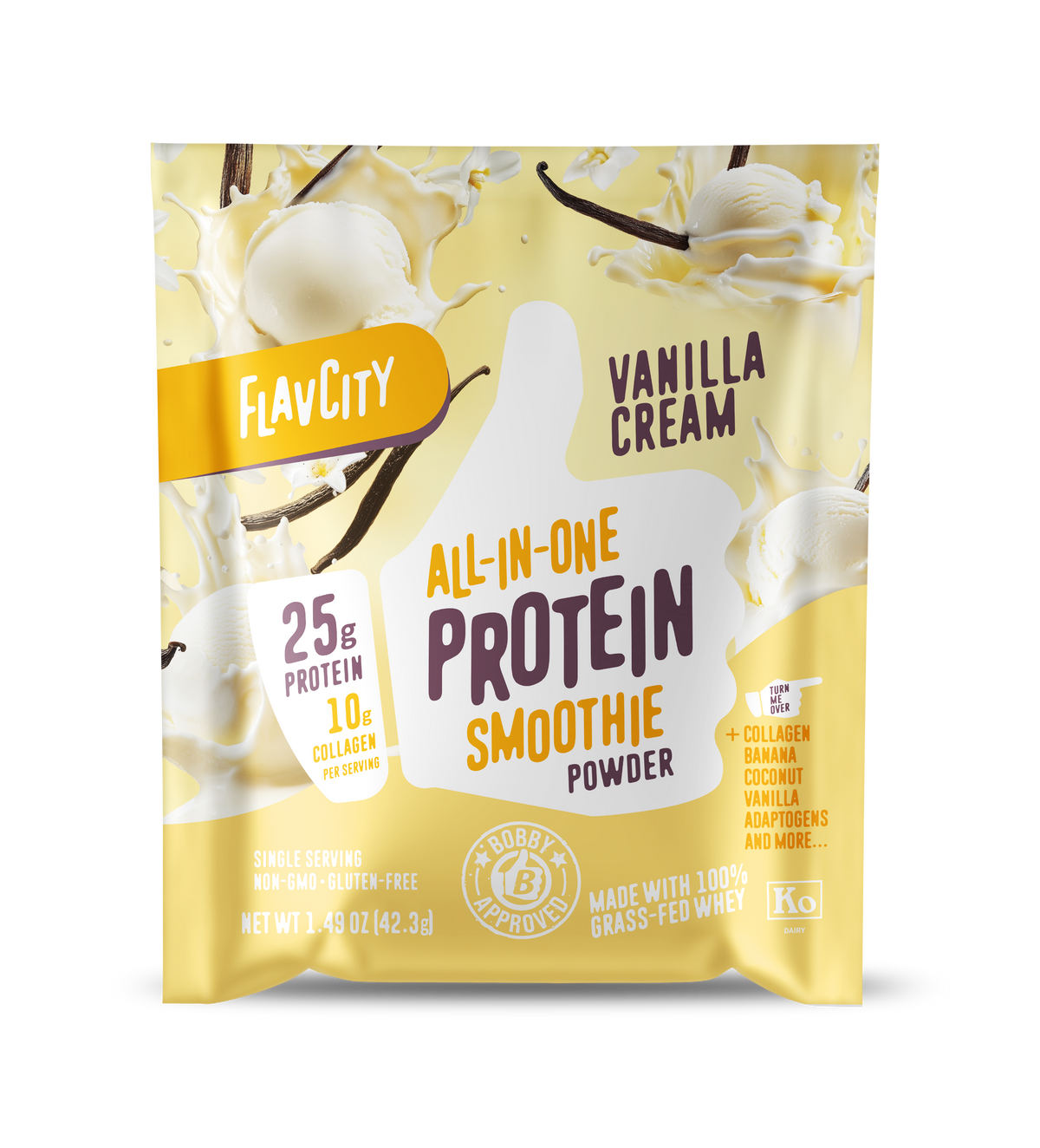 Front panel of FlavCity Vanilla Cream All-in-One Protein Smoothie powder single-serving packet. Package features modern typography highlighting ‘25g Protein’ and ‘10g Collagen’ on a cream-yellow background with dynamic milk splashes and vanilla beans. Product is labeled as non-GMO, gluten-free, and displays the Bobby Approved seal. Design includes floating vanilla ice cream scoops and vanilla pods for visual appeal.