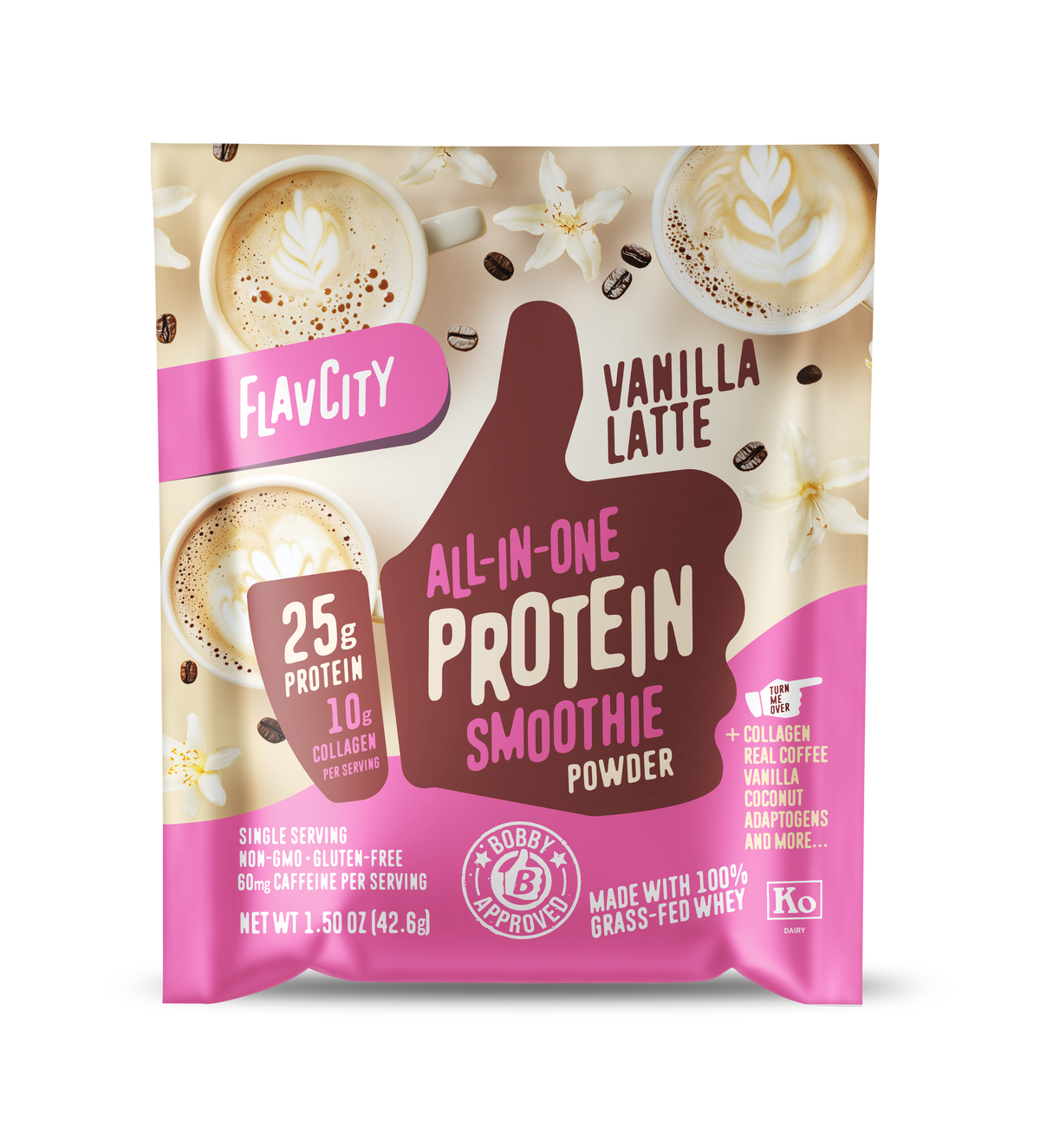 Single serving packet of FlavCity Vanilla Latte All-in-One Protein Smoothie Powder featuring 25g protein and 10g collagen per serving, with coffee beans and latte art imagery on beige background, pink branding elements, and Bobby Approved certification seal. Package indicates non-GMO, gluten-free, grass-fed whey protein with 60mg caffeine per 1.50 oz serving.