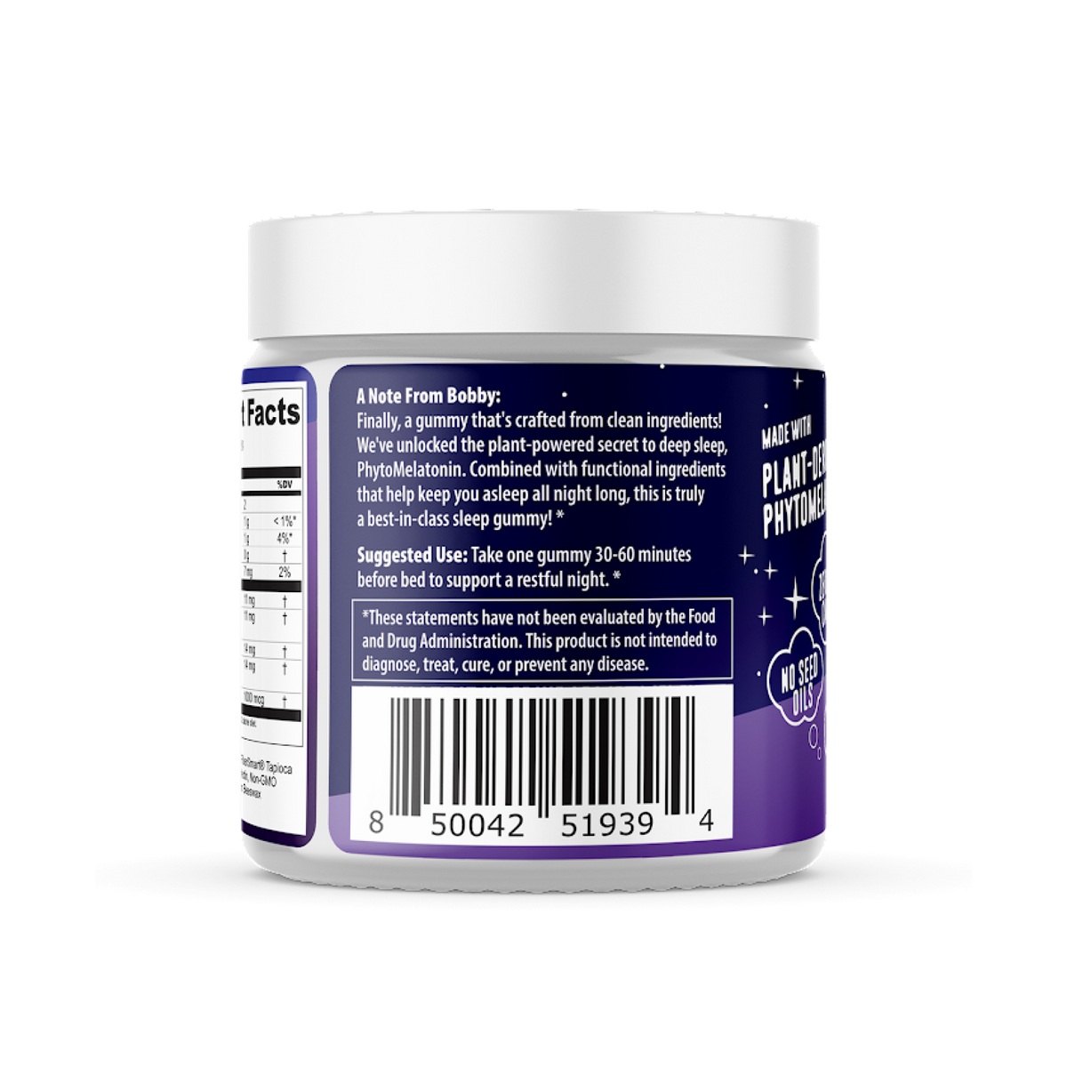 Lights Out Sleep Support gummy jar with suggested use: take one gummy 30-60 minutes before bed.