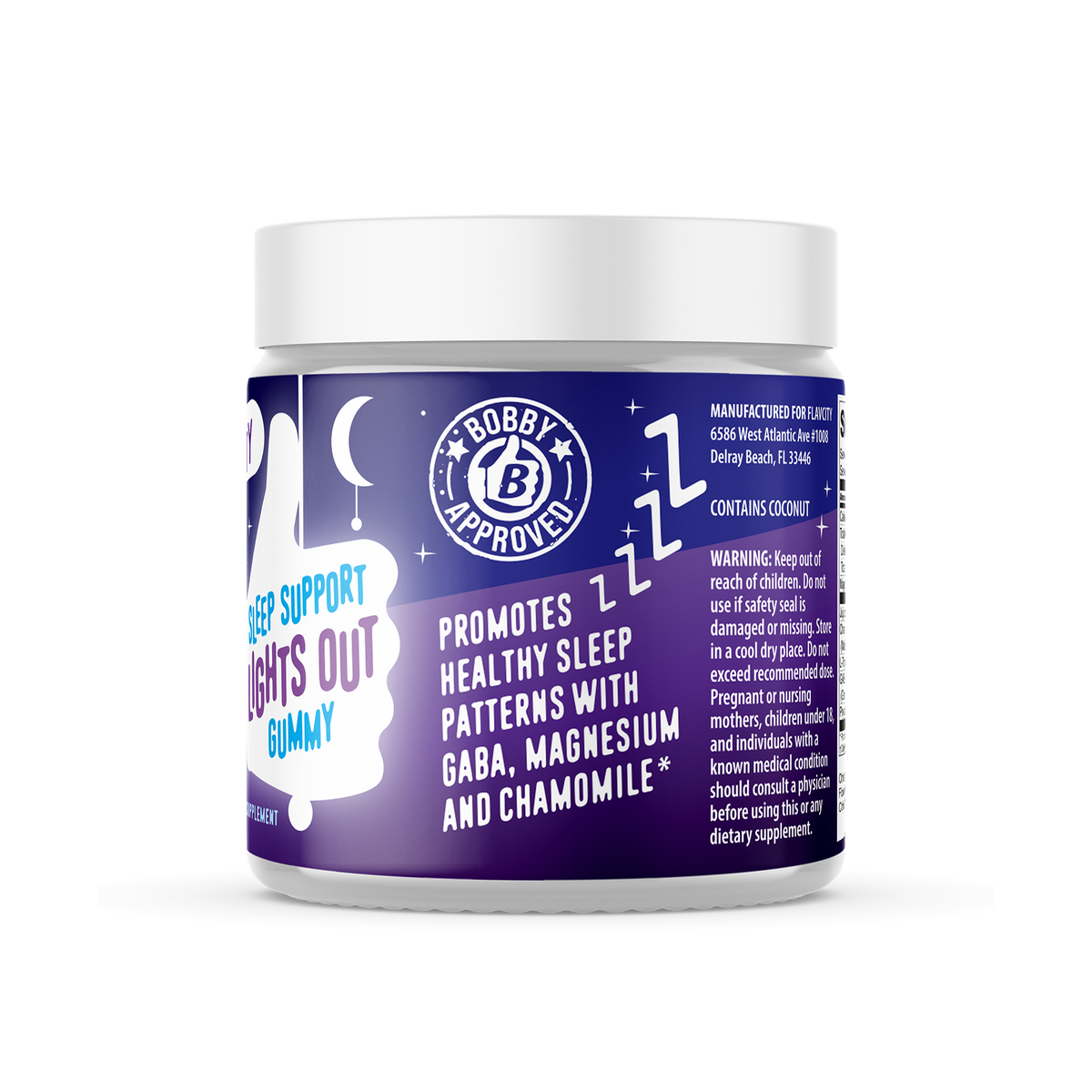 Lights Out Sleep Support gummy jar highlighting key ingredients like GABA, magnesium, and chamomile.