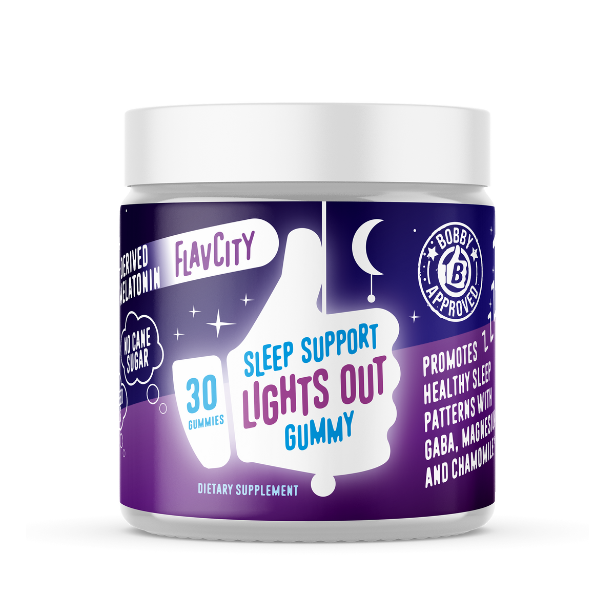 A container of 30 'Lights Out Sleep Support Gummy' dietary supplement, with a blue and purple label design emphasizing its benefits for restful sleep.