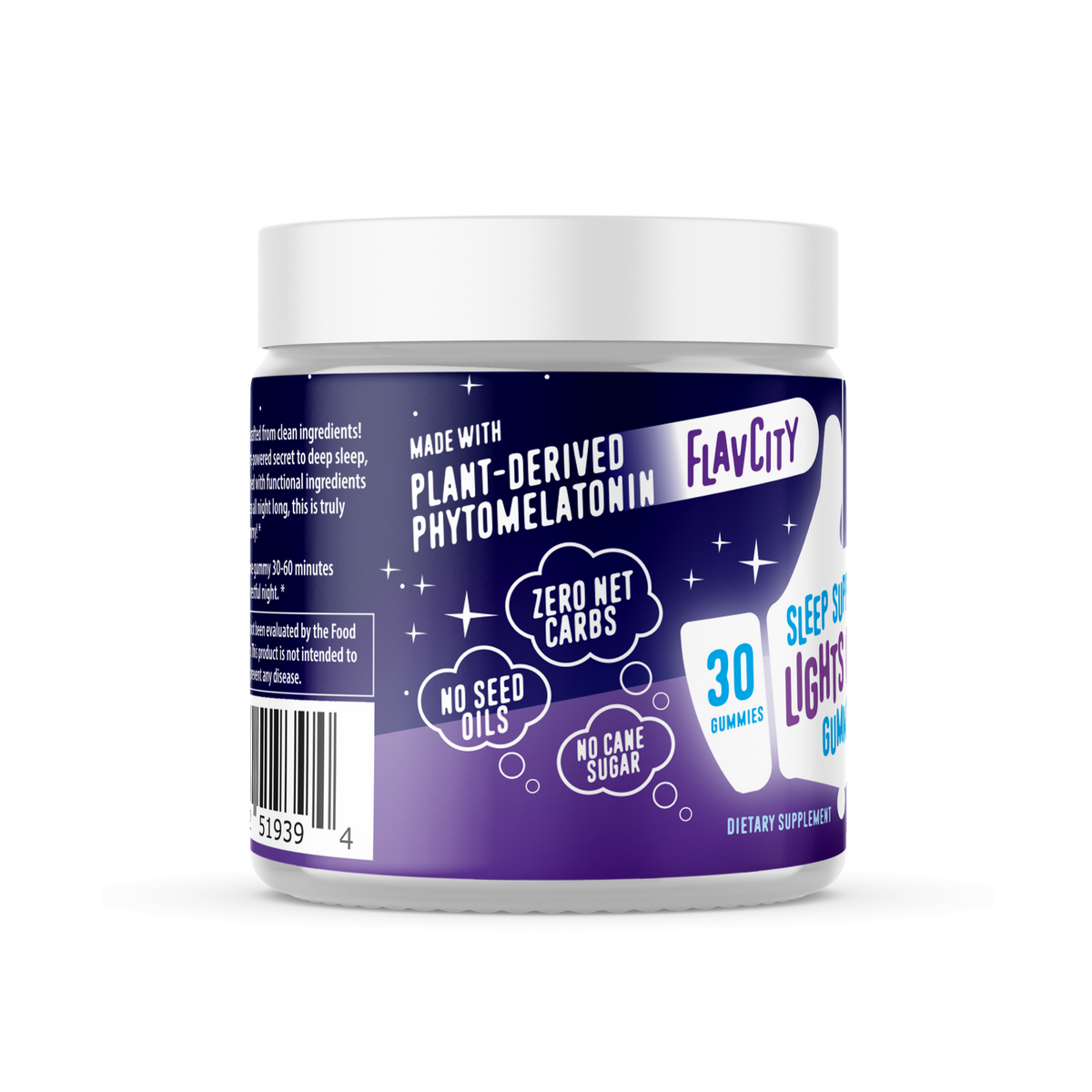 Lights Out Sleep Support gummy jar, made with no seed oils, no cane sugar, and zero net carbs.