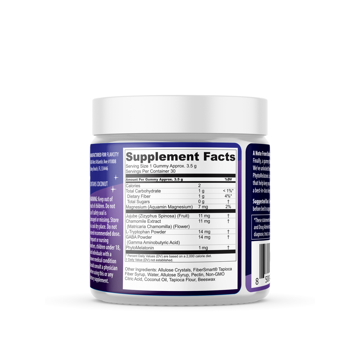 Supplement Facts label on a white cylindrical container showing nutritional information for a sleep gummy supplement. The label displays detailed ingredients including magnesium, jujube fruit, chamomile extract, L-Tryptophan, GABA powder, and PhytoMelatonin. Each gummy contains 2 calories and includes natural ingredients like coconut oil and beeswax. The serving size is 1 gummy (3.5g) with 30 servings per container.